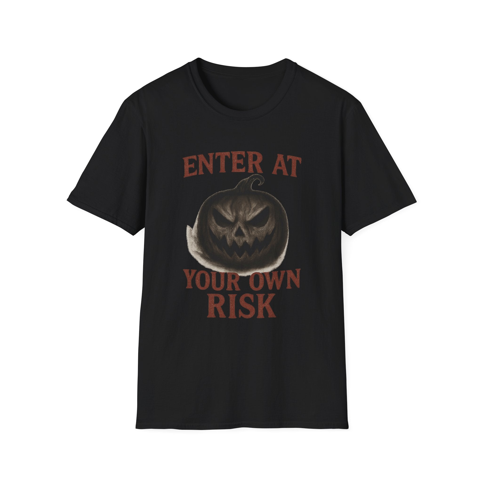 Halloween Themed Unisex Softstyle T-Shirt - Enter at Your Own Risk, Spooky Apparel, Fall Festivities, Trick or Treat, Costume Party