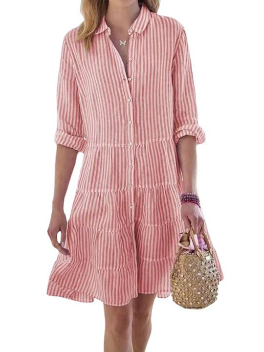 Ins Striped Long-sleeved Shirt Dress Fashion Lapel Button Dresses For
