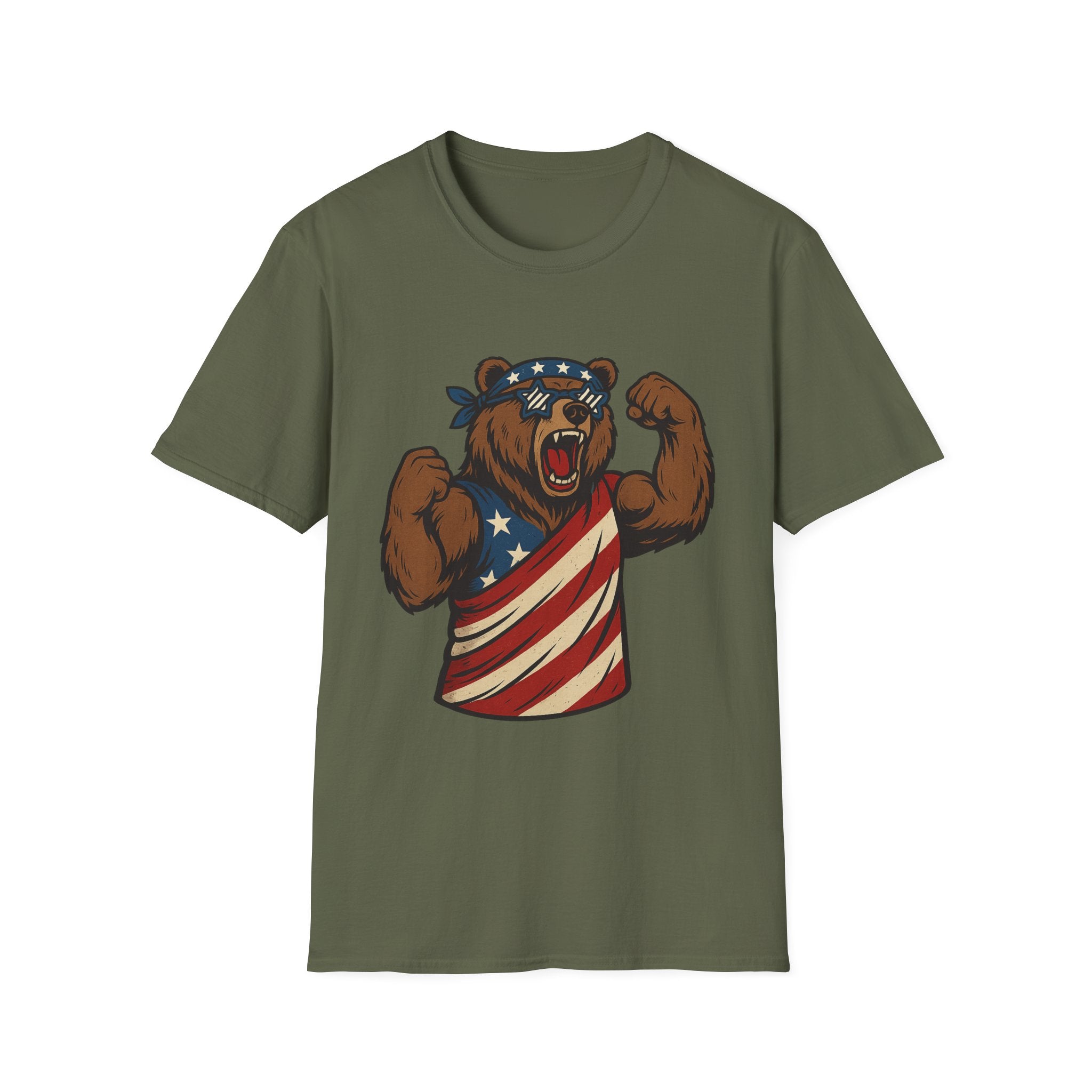Patriotic Bear T-Shirt Unisex Softstyle Tee,USA Flag Design, Casual Wear, Independence Day Shirt, Gift for Outdoors Enthusiasts,4th of July