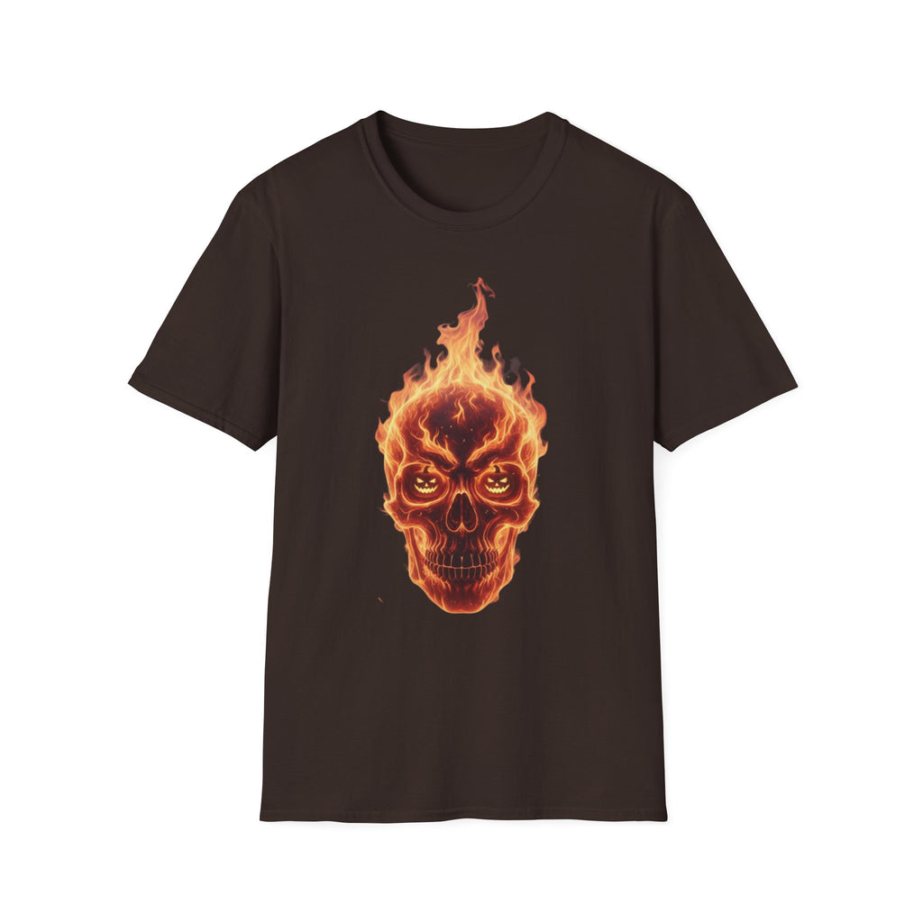 Men's Graphic Tee, Skull on Fire Design, Halloween Shirt, Unisex Softstyle Tshirt, Alternative Clothing, Punk Rock Top, Flame Skeleton Tee
