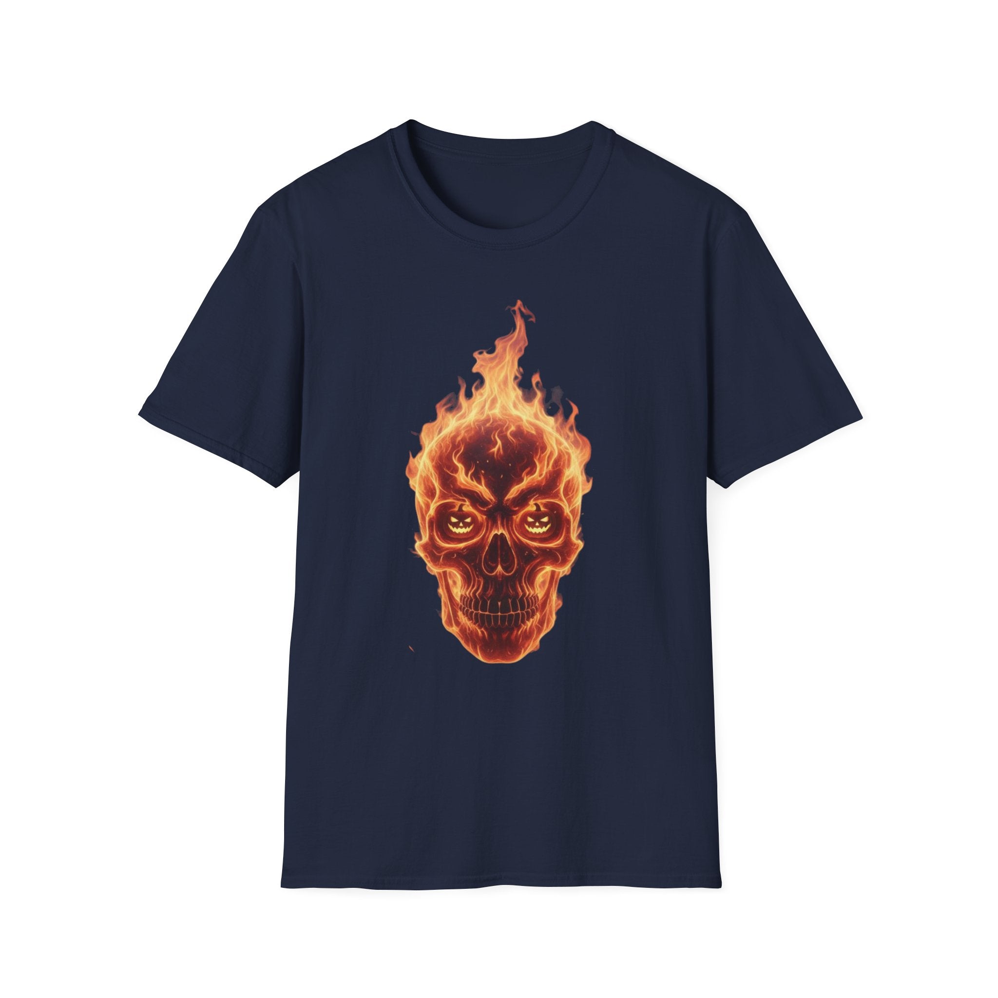Men's Graphic Tee, Skull on Fire Design, Halloween Shirt, Unisex Softstyle Tshirt, Alternative Clothing, Punk Rock Top, Flame Skeleton Tee