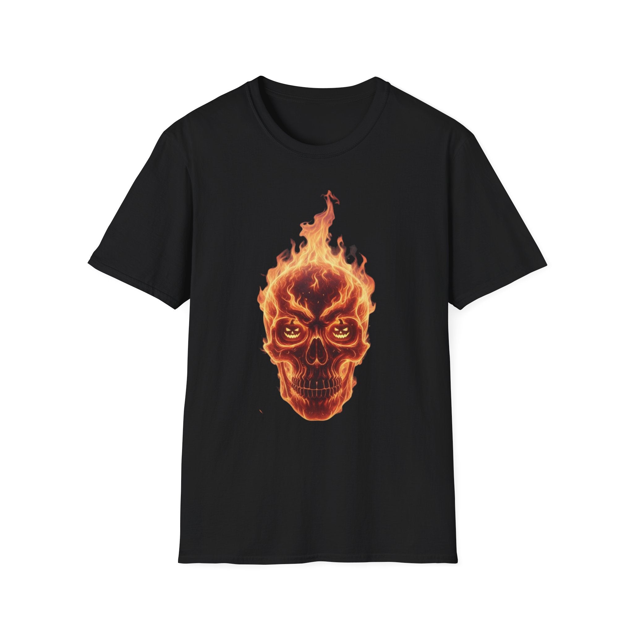 Men's Graphic Tee, Skull on Fire Design, Halloween Shirt, Unisex Softstyle Tshirt, Alternative Clothing, Punk Rock Top, Flame Skeleton Tee