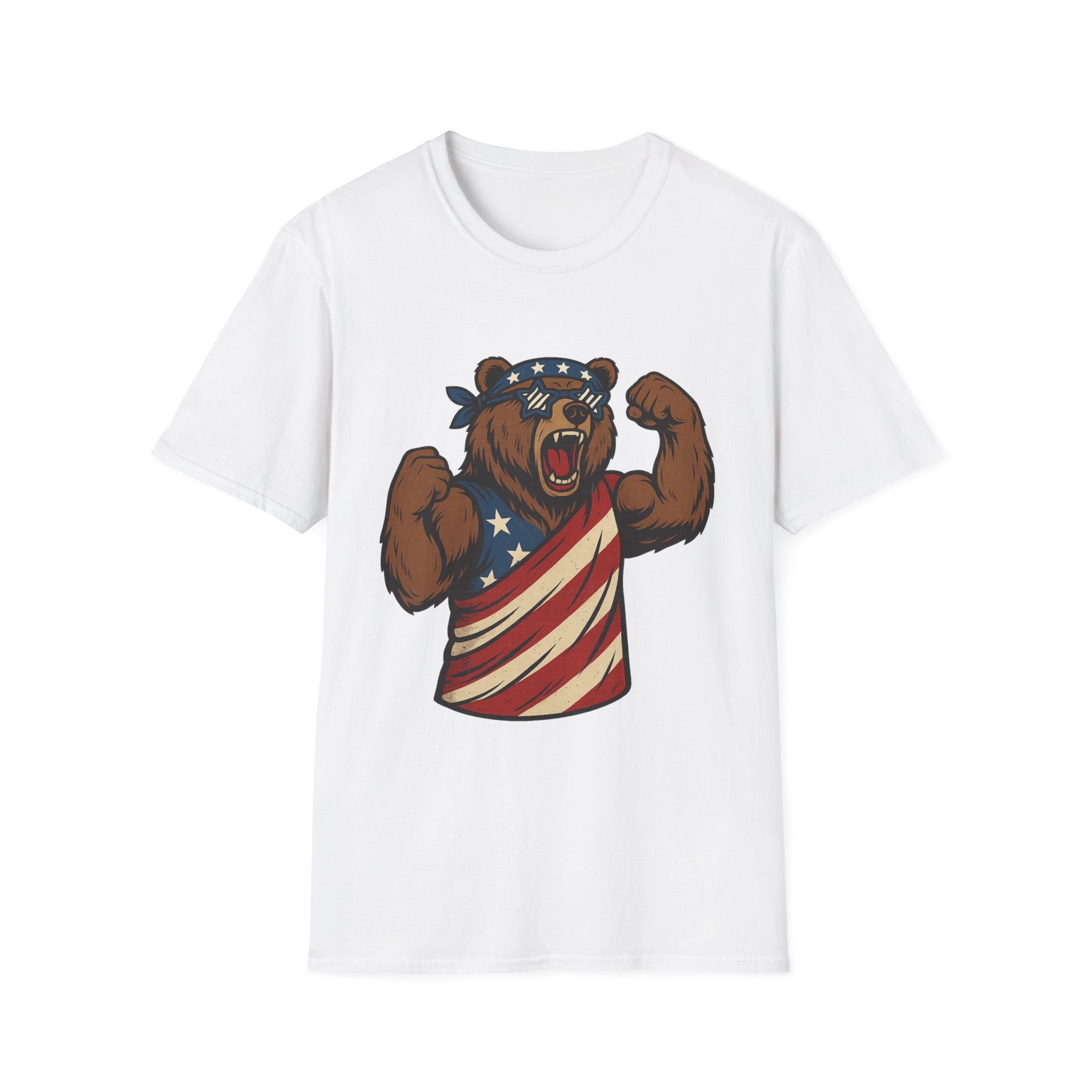 Patriotic Bear T-Shirt Unisex Softstyle Tee,USA Flag Design, Casual Wear, Independence Day Shirt, Gift for Outdoors Enthusiasts,4th of July