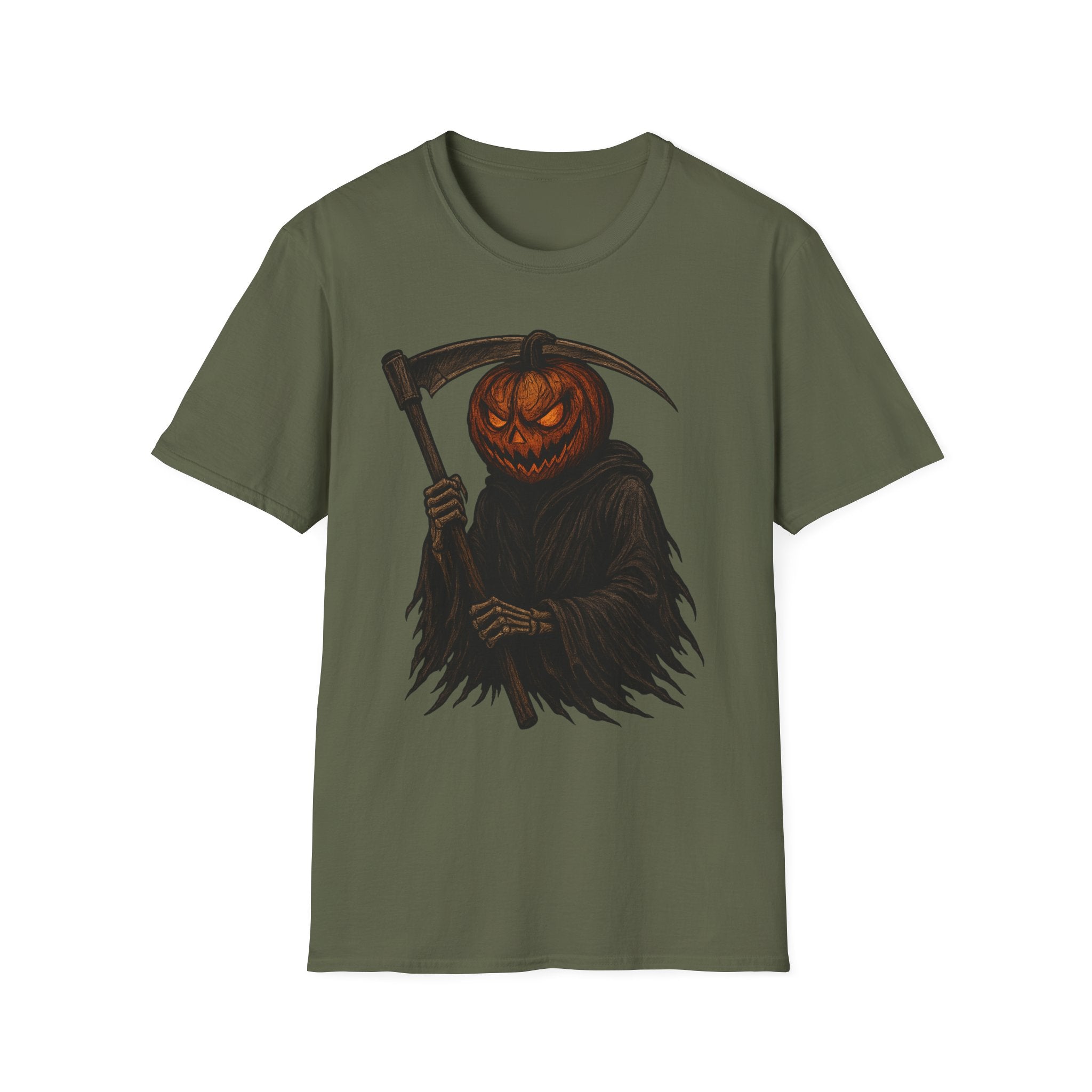 Spooky Pumpkin Grim Reaper T-Shirt, Halloween Shirt, Unisex Graphic Tee, Fall Fashion, Skull Shirt, Unique Gift Idea