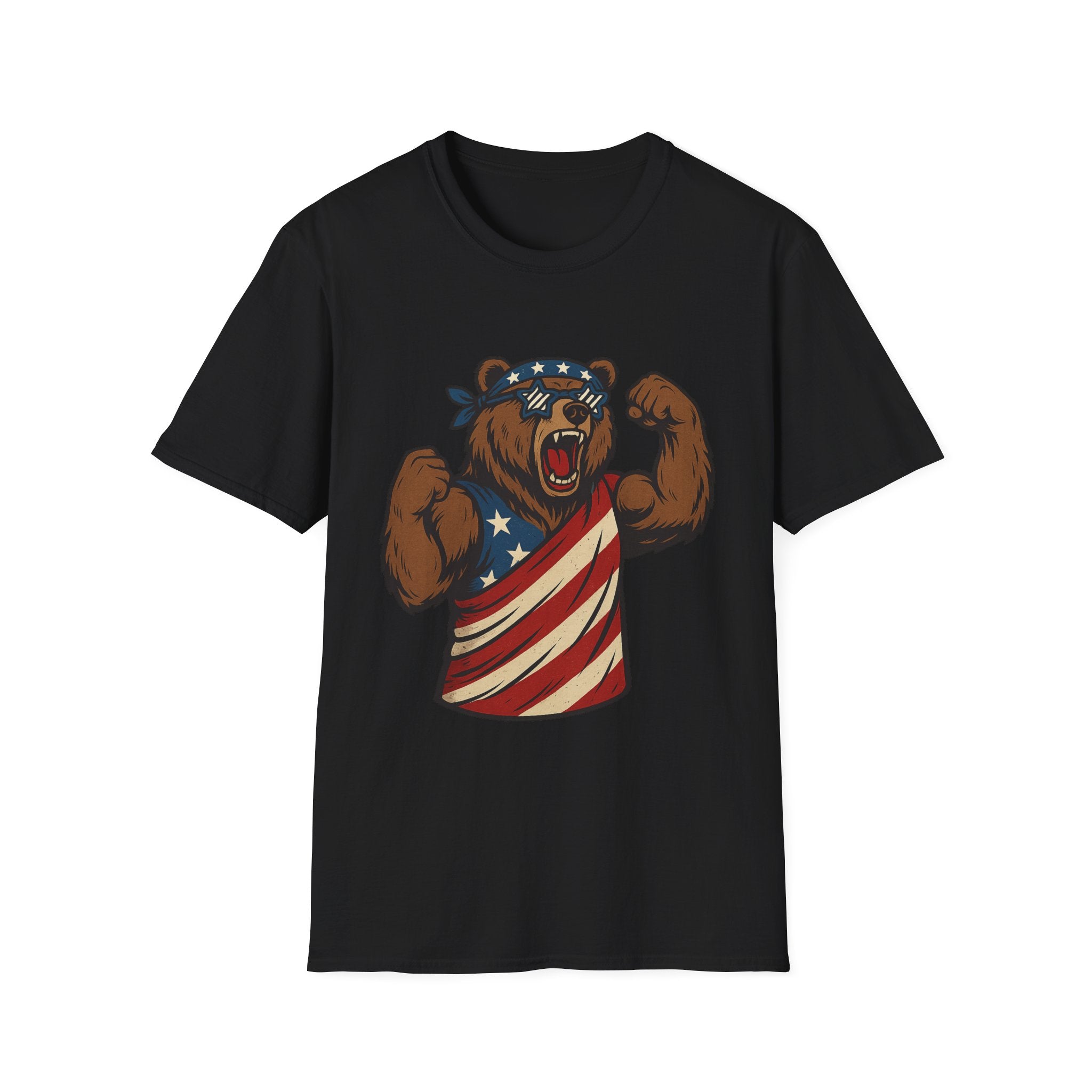 Patriotic Bear T-Shirt Unisex Softstyle Tee,USA Flag Design, Casual Wear, Independence Day Shirt, Gift for Outdoors Enthusiasts,4th of July