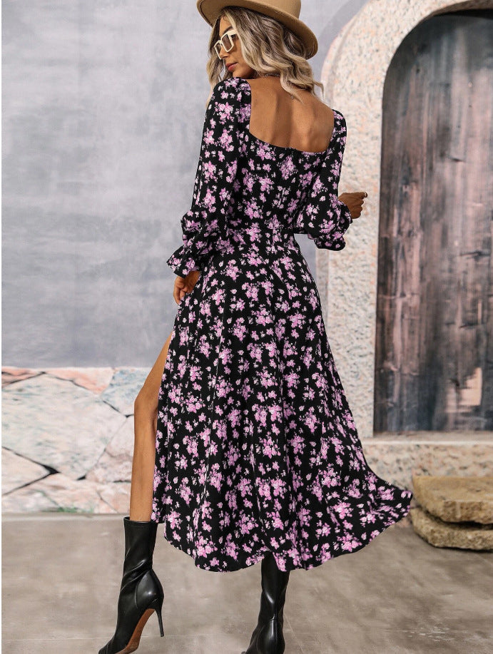 Flowers Printing Long Sleeve Dress Fashion Square-neck Bottom Slit