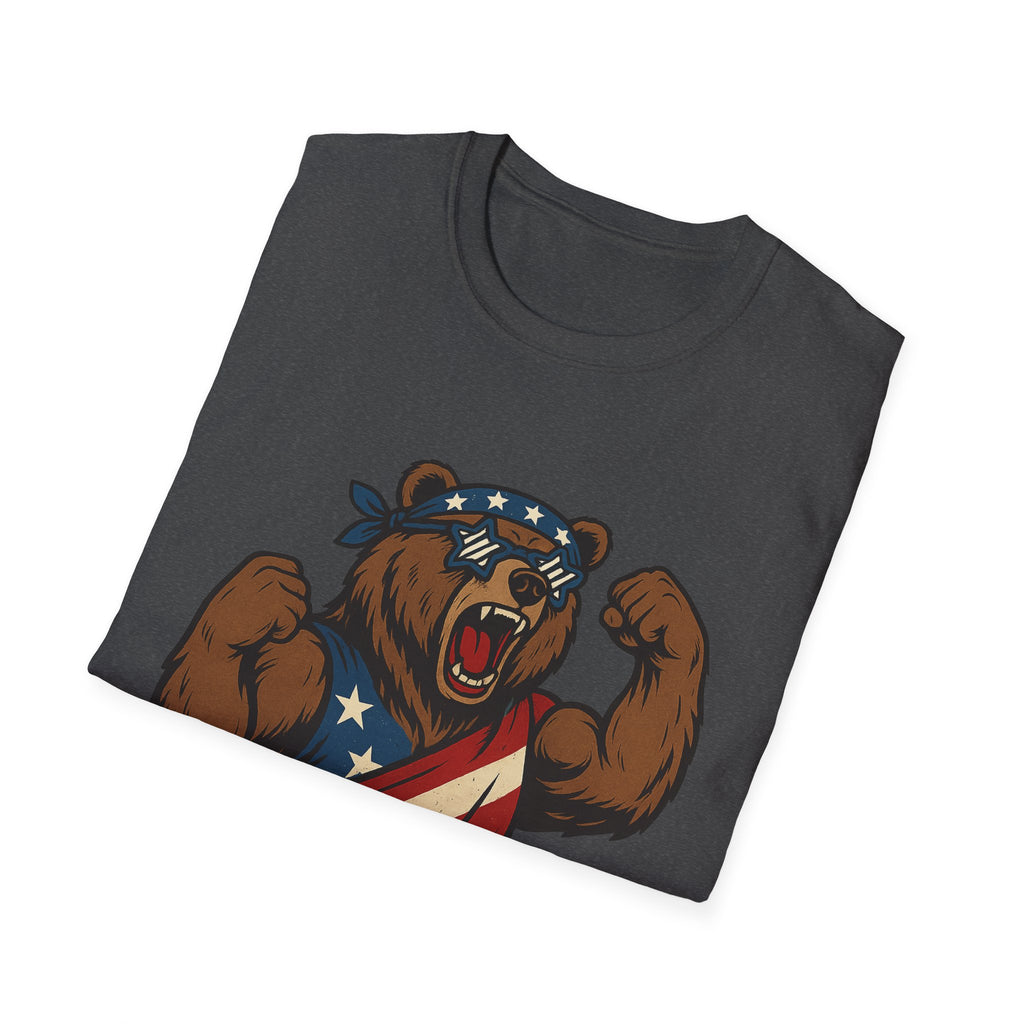 Patriotic Bear T-Shirt Unisex Softstyle Tee,USA Flag Design, Casual Wear, Independence Day Shirt, Gift for Outdoors Enthusiasts,4th of July