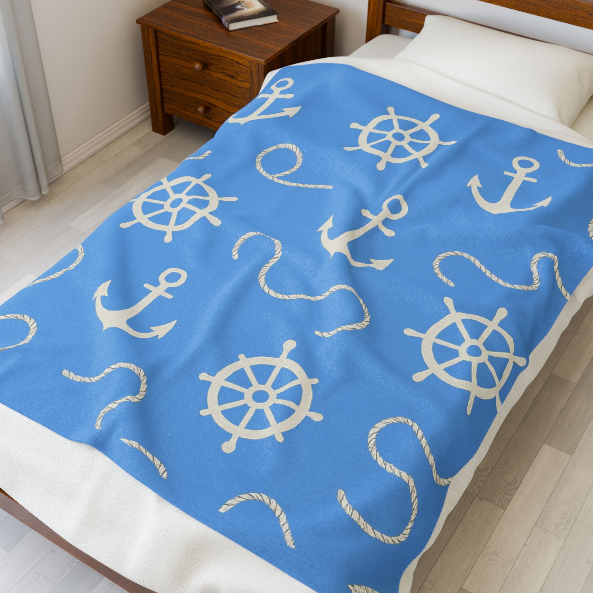 Nautical Velveteen Plush Blanket, Cozy Soft Throw, Beach Decor Gift, Marine Theme Blanket, Anchor Design Home Accessory