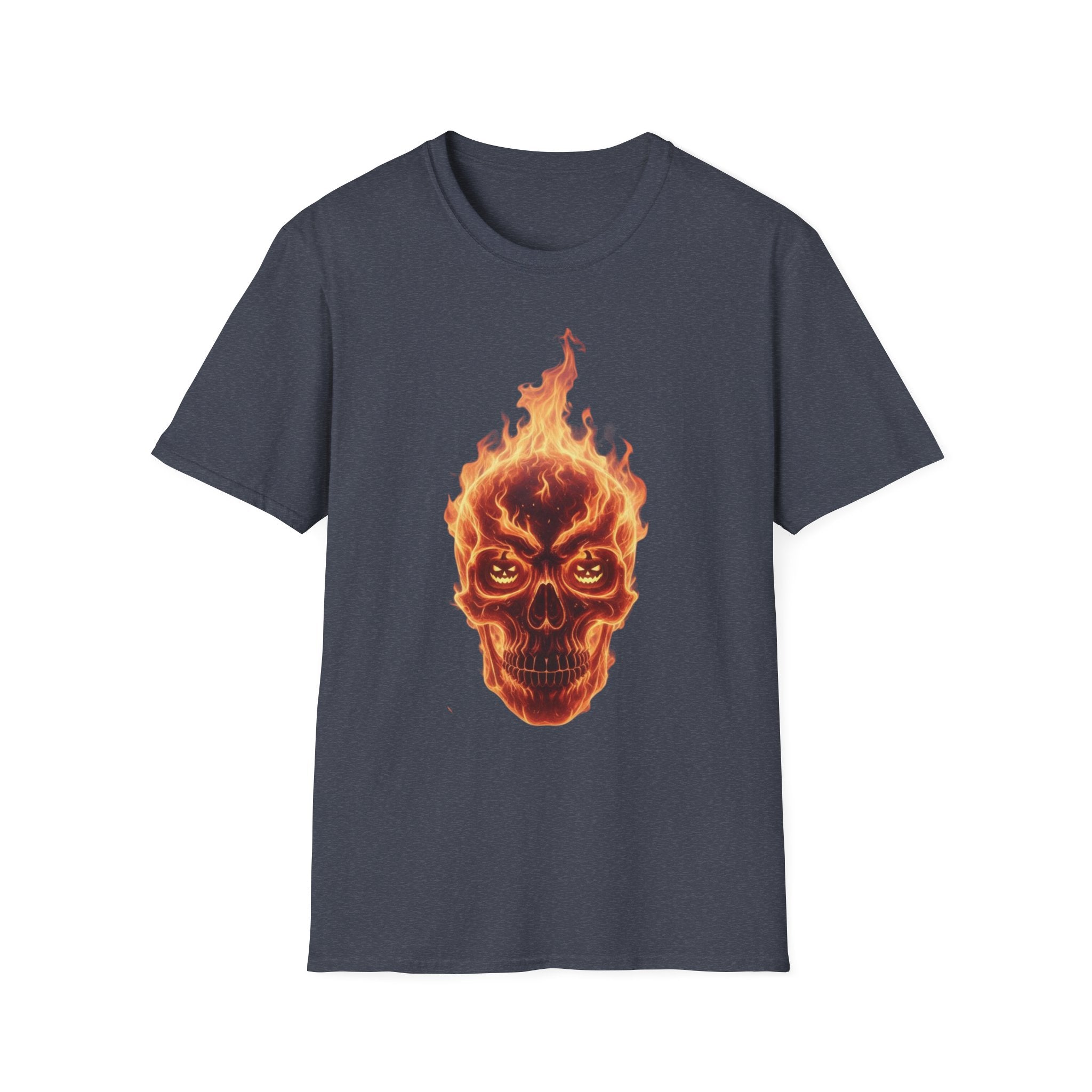 Men's Graphic Tee, Skull on Fire Design, Halloween Shirt, Unisex Softstyle Tshirt, Alternative Clothing, Punk Rock Top, Flame Skeleton Tee