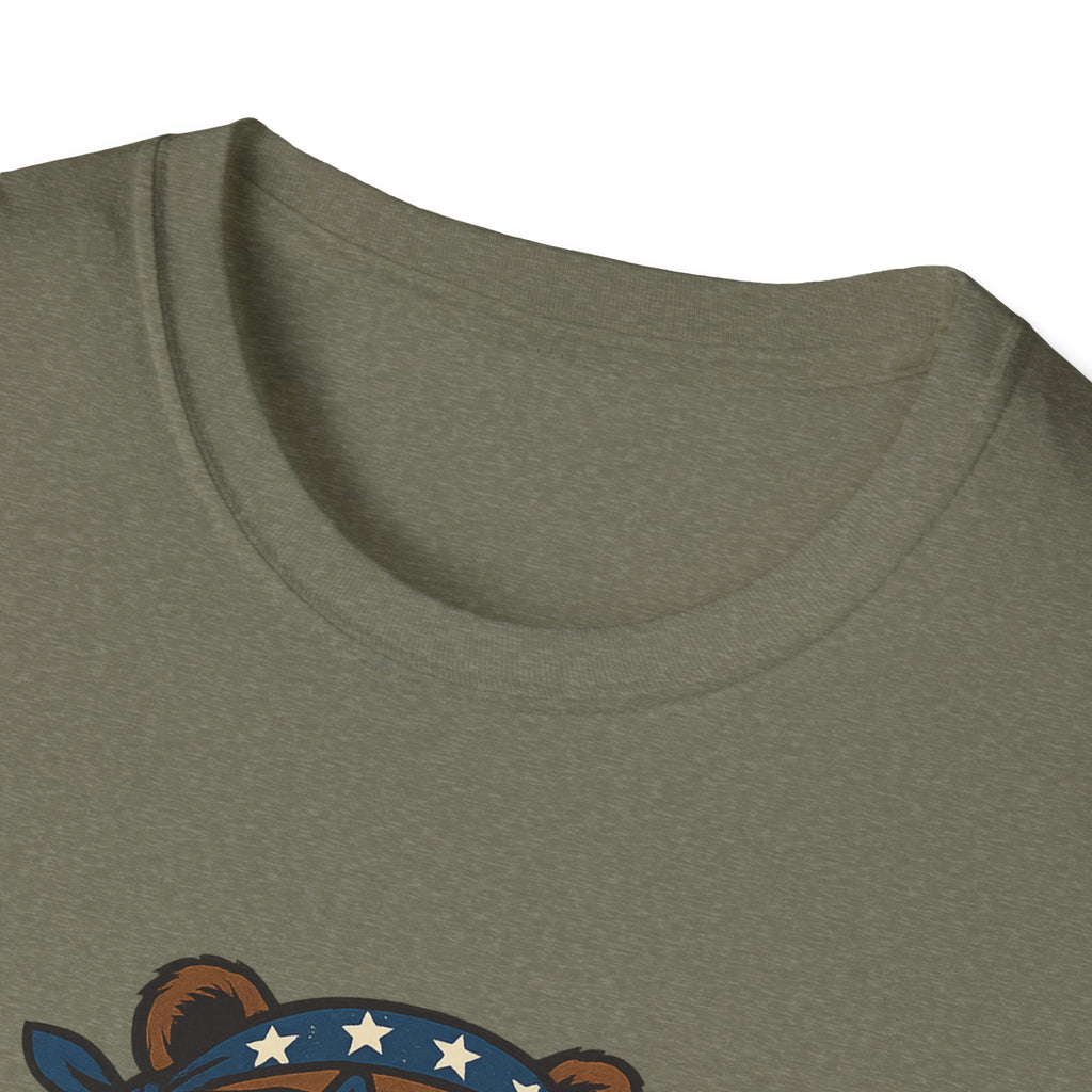 Patriotic Bear T-Shirt Unisex Softstyle Tee,USA Flag Design, Casual Wear, Independence Day Shirt, Gift for Outdoors Enthusiasts,4th of July