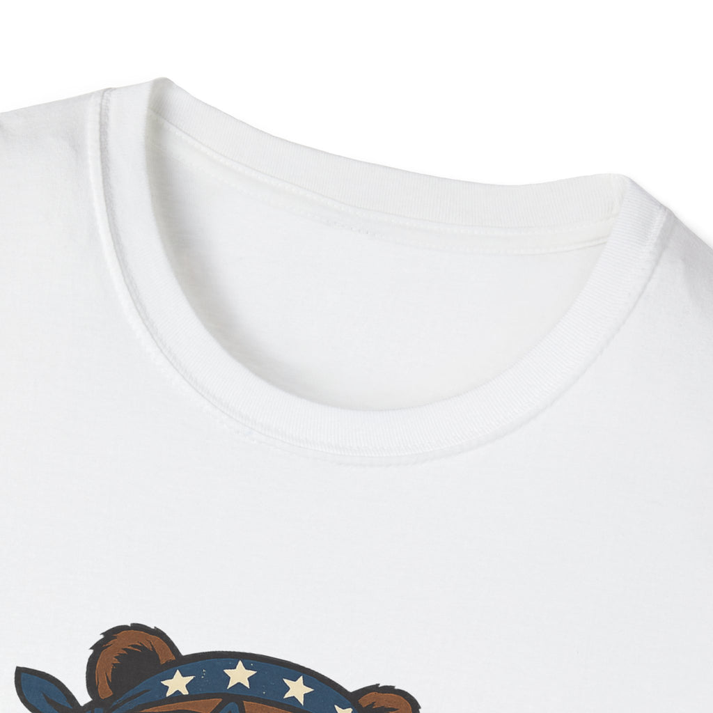 Patriotic Bear T-Shirt Unisex Softstyle Tee,USA Flag Design, Casual Wear, Independence Day Shirt, Gift for Outdoors Enthusiasts,4th of July